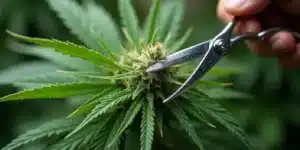 Close up of best bud trimmer scissors trimming a live cannabis plant