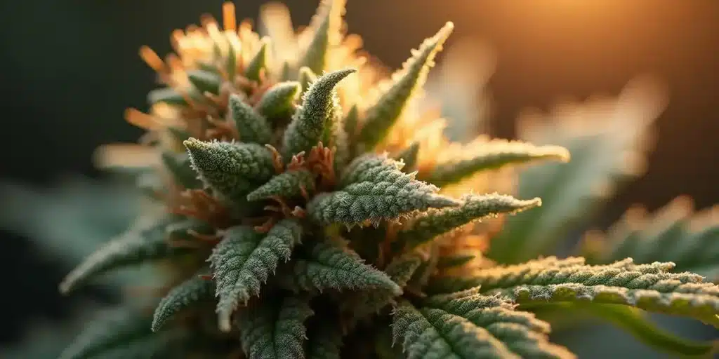 Close-up of cannabis flower covered in trichomes during the 7 days of darkness before harvest.
