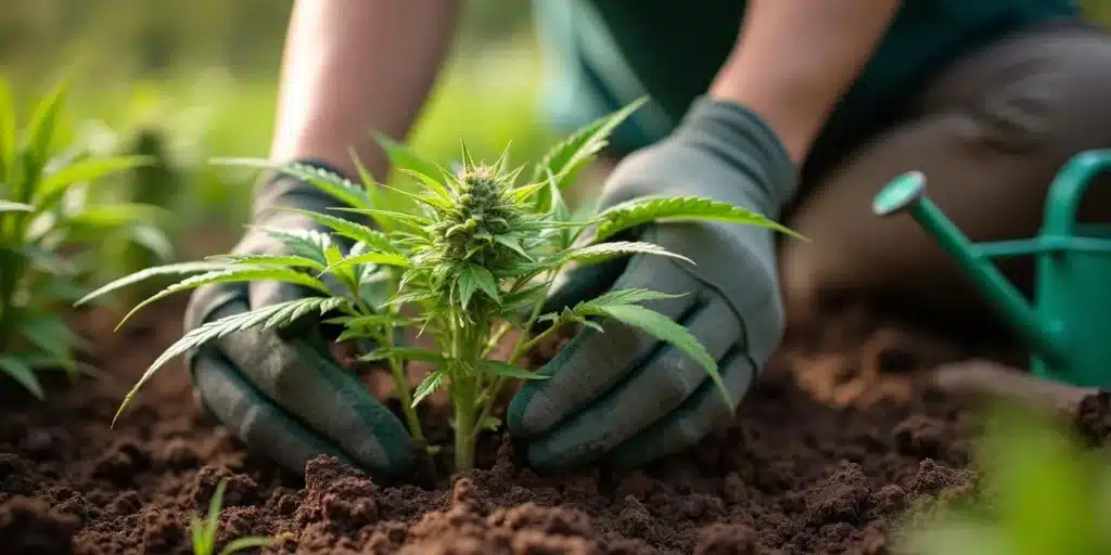 Close up of gloved hands planting an autoflower cannabis seedling in soil, ideal for best outdoor growing results.
