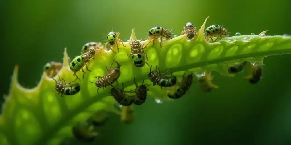 Aphids feeding on the underside of a cannabis leaf during the late flowering stage.
