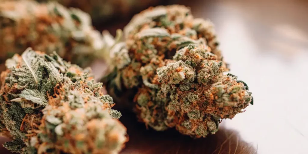 Close-up of cannabis buds with a golden resinous coating, highlighting the vibrant orange and green colors.