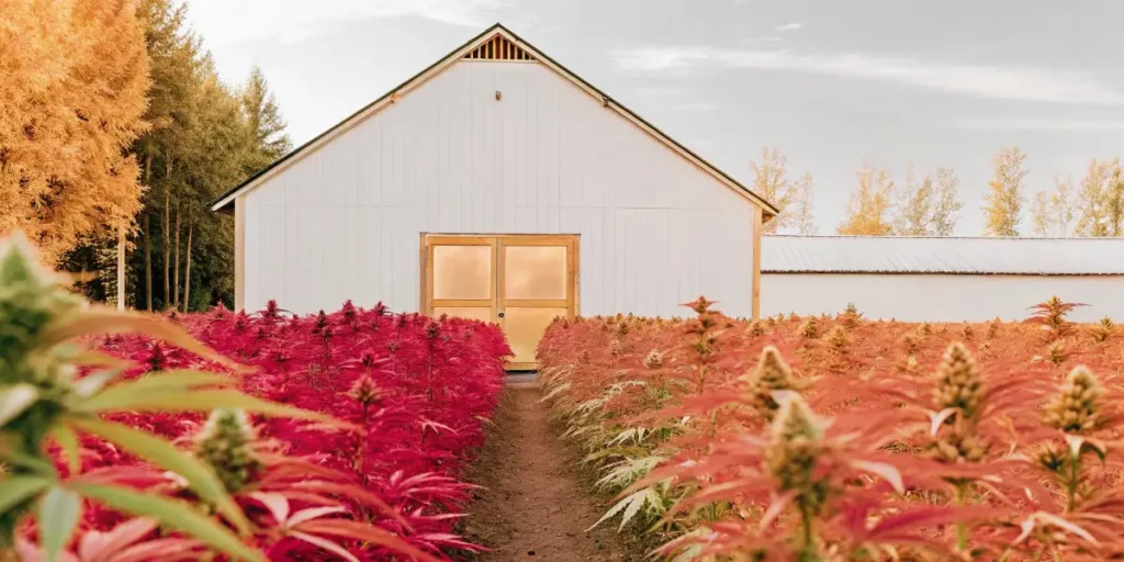 Outdoor cannabis farm with rows of red and orange plants leading to a white barn.