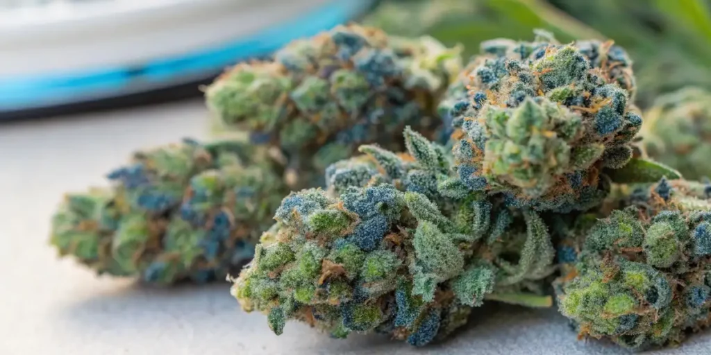 Cannabis buds with purple, blue, and green hues on a table.