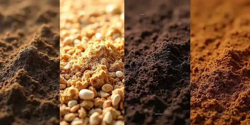 A close-up of different soil textures and compositions, essential for selecting the best soil recipe for weed growth.