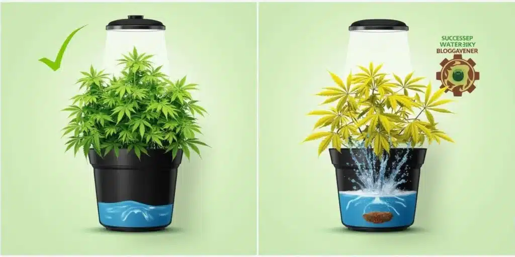 Comparison of cannabis plants in auto grow pots showing proper watering vs. overwatering.