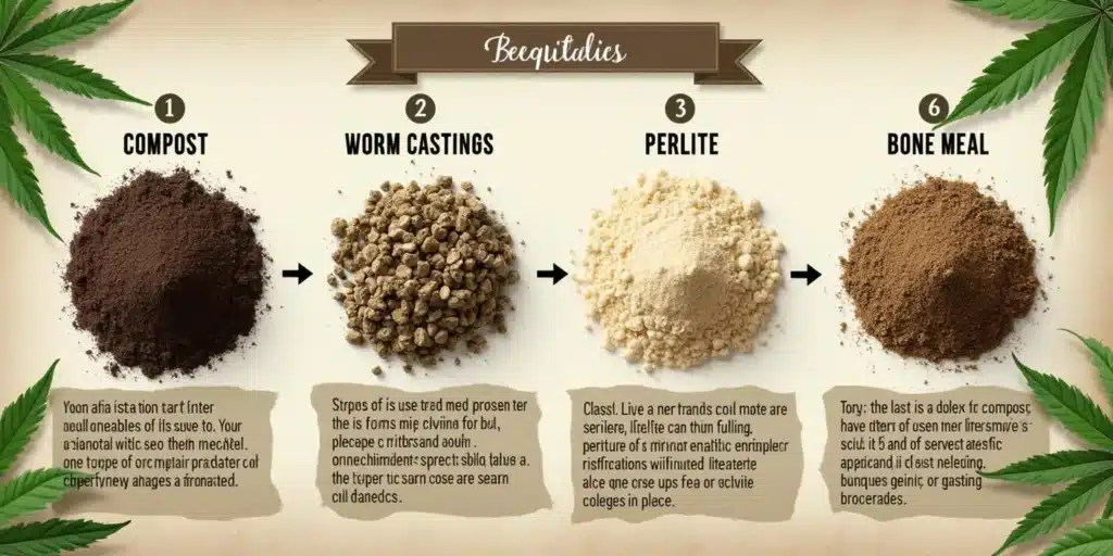 Compost, worm castings, perlite, and bone meal shown as essential components for amending soil for cannabis.