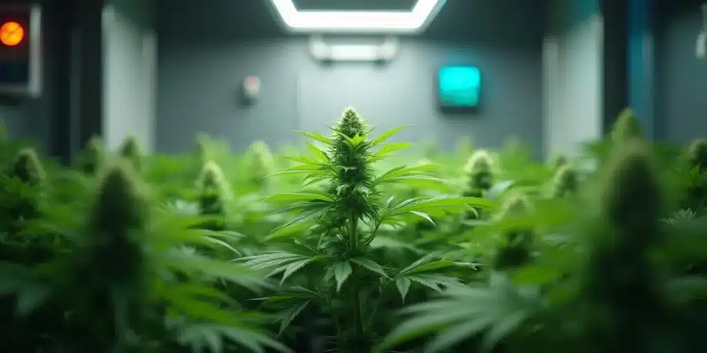Autoflower cannabis plants in a well-lit indoor grow room with controlled humidity.