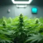 Autoflower cannabis plants in a well-lit indoor grow room with controlled humidity.