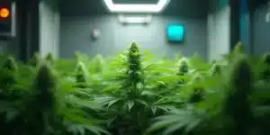 Autoflower cannabis plants in a well-lit indoor grow room with controlled humidity.
