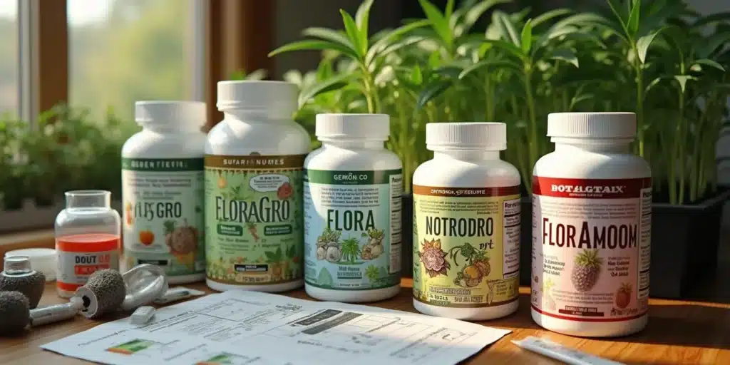 Various nutrient bottles for deep water culture cannabis growing on a table.
