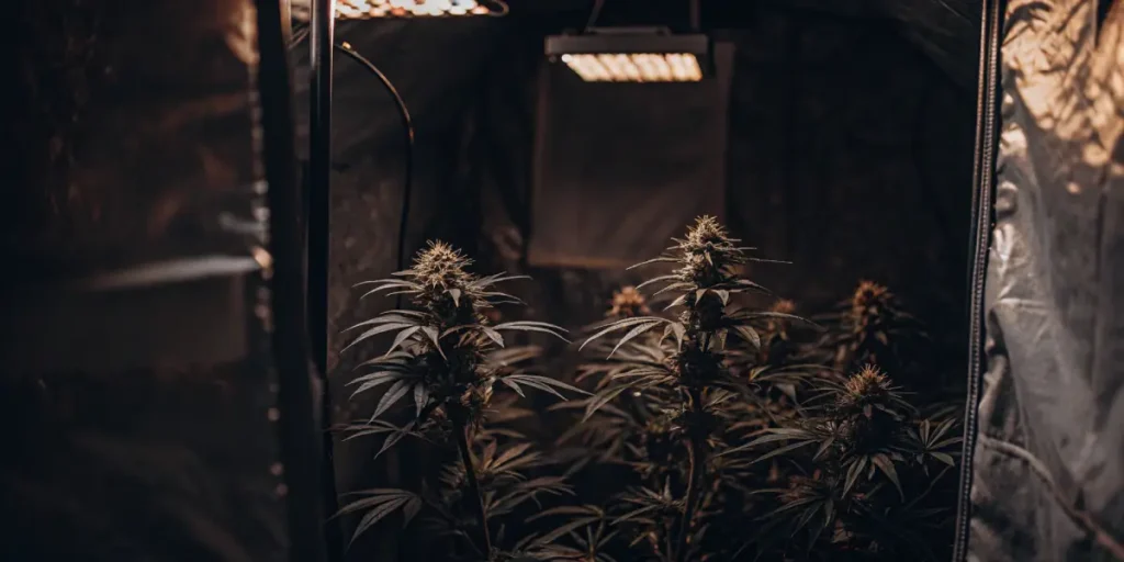 Hyper-realistic split-screen illustration comparing dark-toned cannabis plants under dim lights in a grow tent.