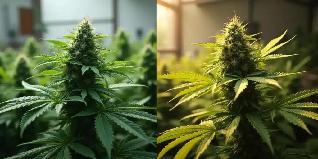 Detailed close-up of two cannabis plants: one with dark green leaves on the left, and one with lighter green/yellow leaves on the right, both with prominent buds.