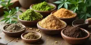 Different organic ingredients in bowls for preparing an autoflower soil recipe, including compost and coco coir.