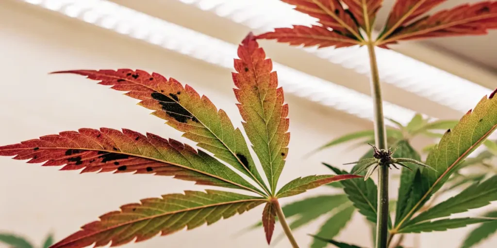 Close-up of a cannabis leaf with prominent reddish-orange and green coloration and dark spots, under grow lights.