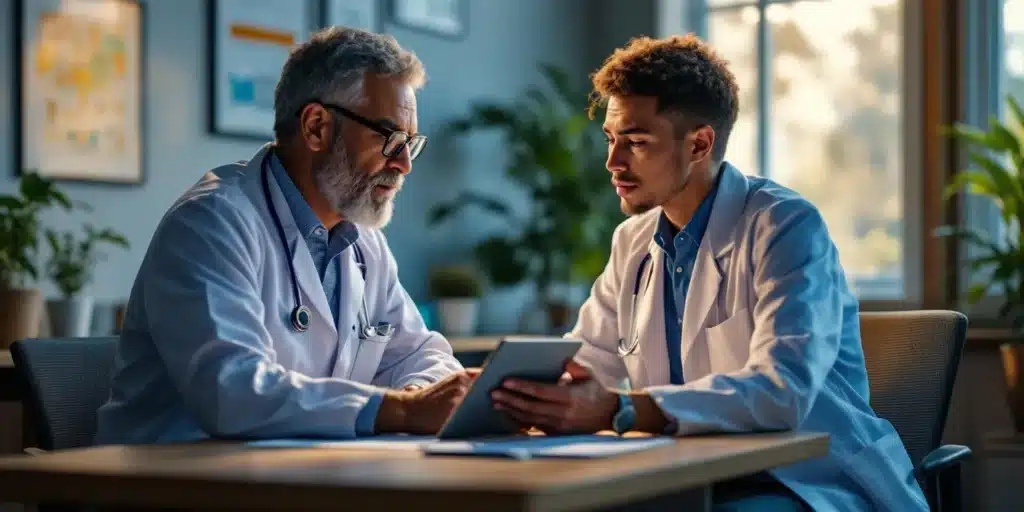 Doctor explaining the benefits of CBD for hemorrhoid relief to a patient.