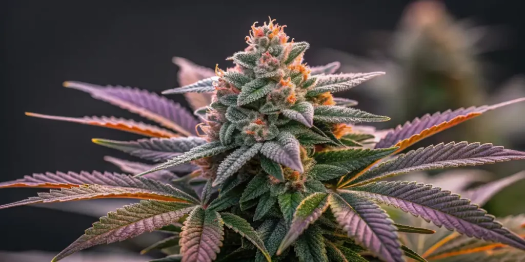 Close-up of dense, frosty Dolato weed buds with purple and green hues under natural light.