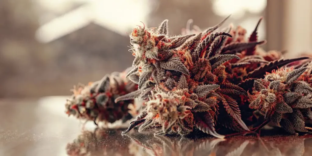 A close-up view of Dolato cannabis buds on a surface with prominent orange pistils and frosty trichomes.