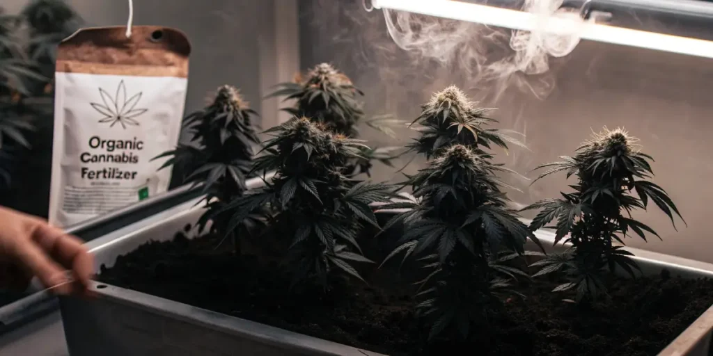 Hand adjusting a small cannabis plant in a tray, next to "Organic Cannabis Fertilizer" bag, with smoke and grow lights above.