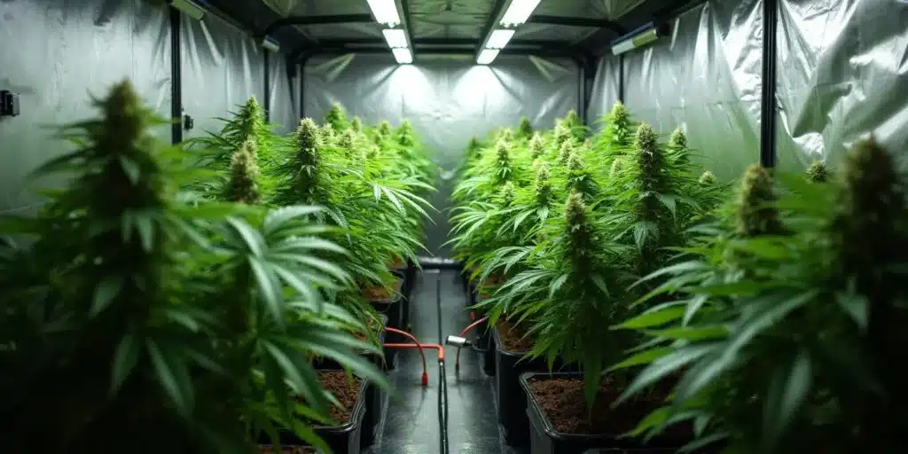 Flowering cannabis plants in grow tent with automatic watering