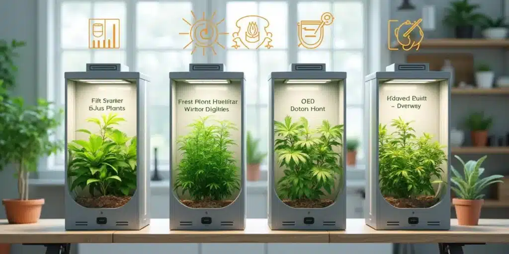 Four grow boxes with LED lighting showcasing healthy green plants indoors.