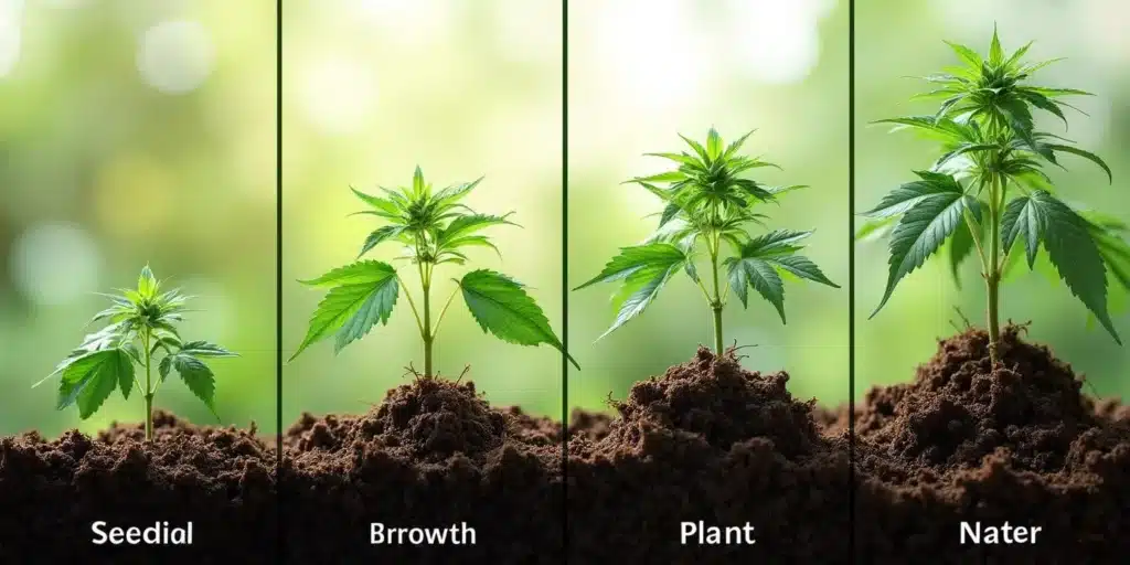 Four stages of cannabis growth in soil, from seedling to mature plant.