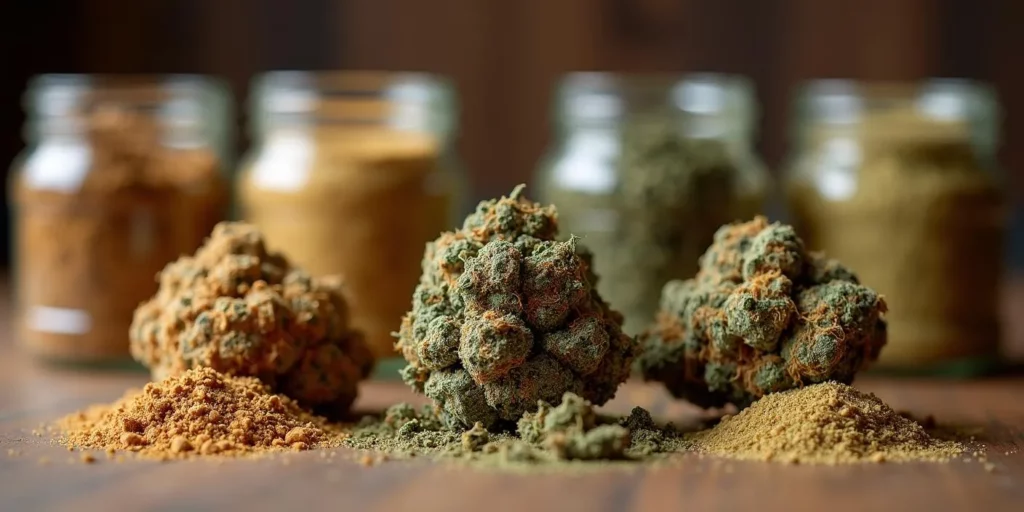 Three fresh cannabis buds on piles of various powders, with blurred jars in the background, suggesting different forms of cannabis.