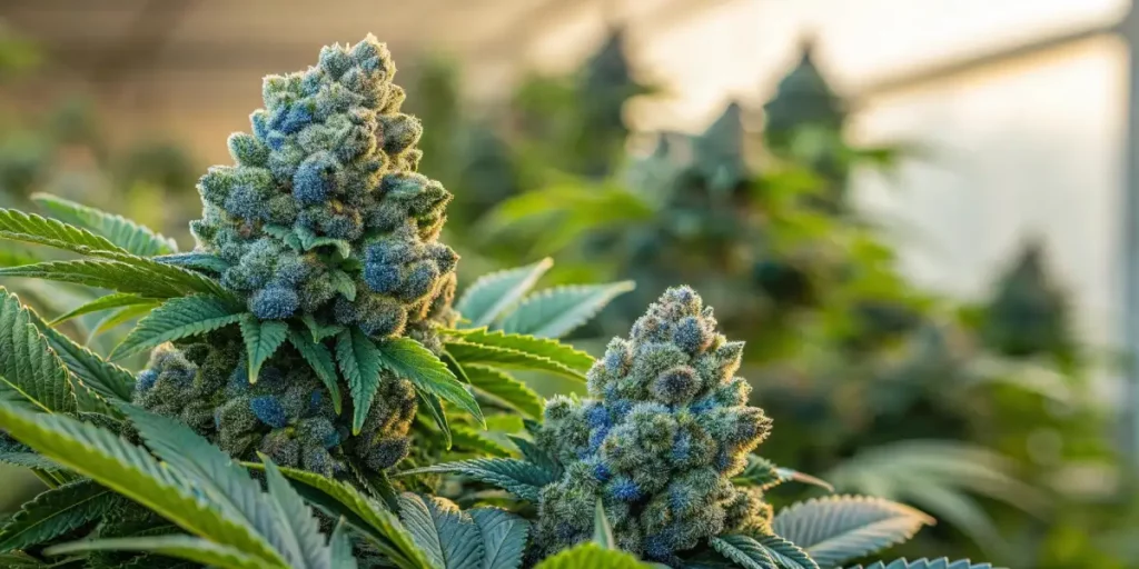 Close-up of frosted blue cannabis buds with vibrant green leaves in a greenhouse.