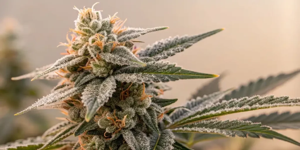 Close-up of a frosted cannabis plant with vibrant green leaves under sunlight.