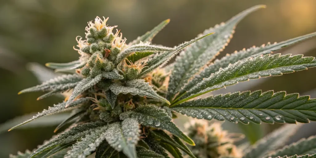 Hyper-realistic macro photograph of a dense, frosty cannabis flower covered in trichomes and small water droplets, with a blurred green background.