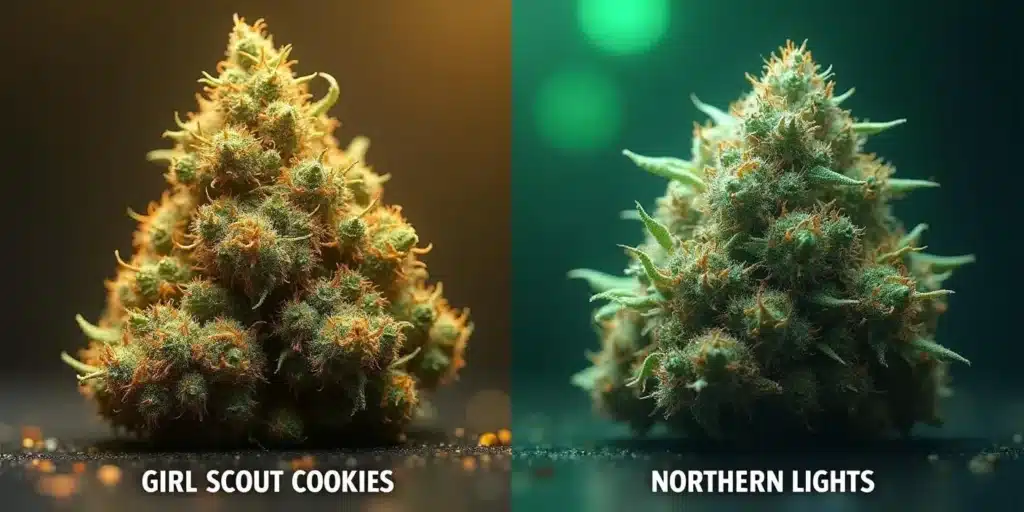 Girl Scout Cookies and Northern Lights buds displayed after 7 days of darkness before harvest.