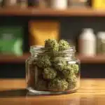 Glass jar filled with cannabis buds on a wooden table with product pouches in the background.