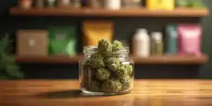 Glass jar filled with cannabis buds on a wooden table with product pouches in the background.