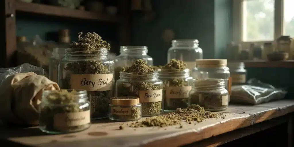 Glass jars filled with cannabis buds and sifted hash for dry sift process.