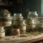 Glass jars filled with cannabis buds and sifted hash for dry sift process.