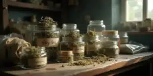 Glass jars filled with cannabis buds and sifted hash for dry sift process.