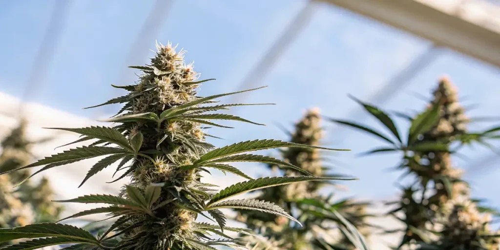 Hyper-realistic macro photograph of a dense, frosty cannabis bud with green leaves, under a bright blue sky through a greenhouse roof.