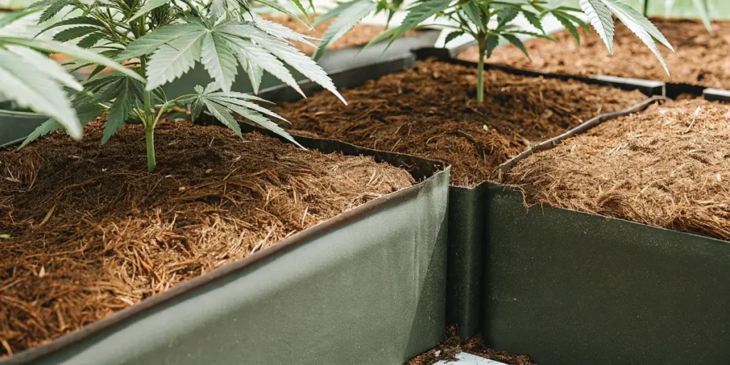 Hyper-realistic view inside a greenhouse tunnel with rows of young plants growing in dark soil with brown mulch, under a translucent roof.