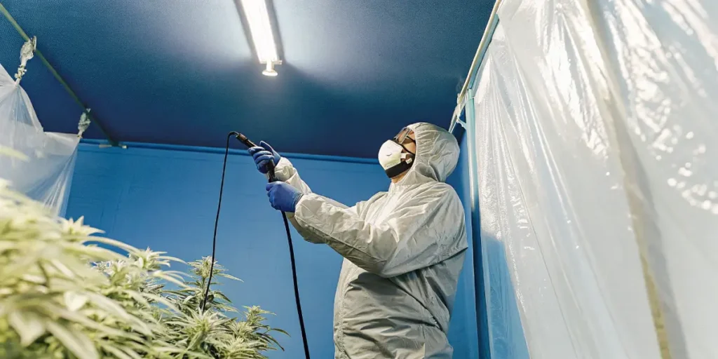 Person in full protective suit and mask spraying disinfectant upwards in a cannabis grow room with blue walls and clear plastic sheeting.