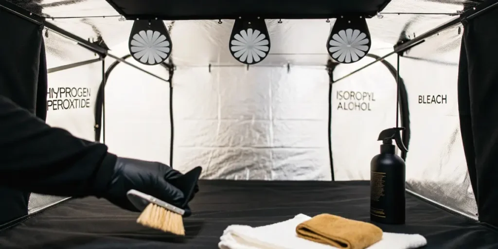 Gloved hand spraying cleaner inside a grow tent with "Hydrogen Peroxide" label and cleaning tools.