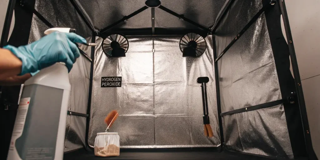 Gloved hand brushing a surface inside a grow tent, with "Hydrogen Peroxide," "Isopropyl Alcohol," and "Bleach" labels on the walls.