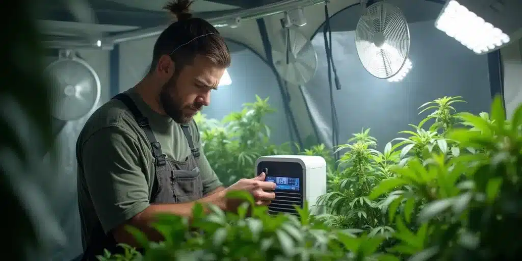 Grower adjusting a dehumidifier in a cannabis grow tent with lush plants.