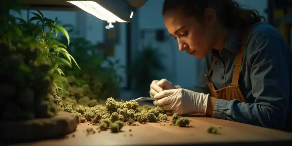 Grower trimming cannabis buds in a dark room after the 7 days of darkness before harvest.