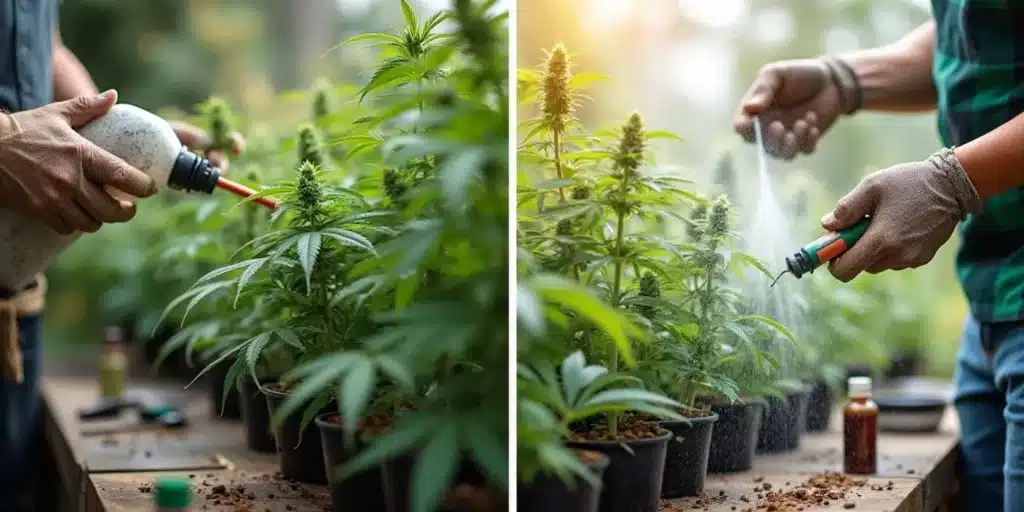 Growers applying pest control spray to cannabis plants in an outdoor setting, using a white bottle on the left and a spray gun on the right, with bottles of spray in the foreground.