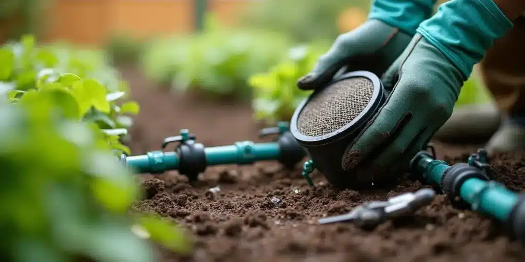 Hands cleaning a filter in an automated drip irrigation system in a vegetable garden.