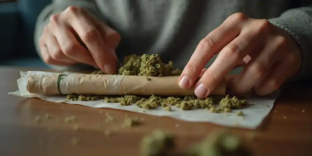 Hands rolling a blunt with ground cannabis on a rolling paper, with loose buds nearby.