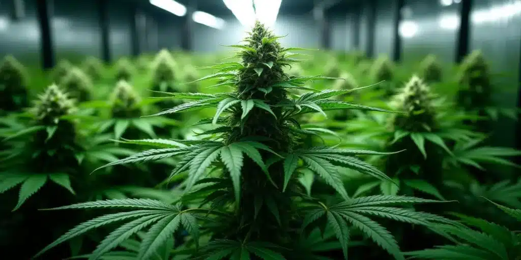 Healthy autoflower cannabis plant surrounded by a controlled indoor environment.