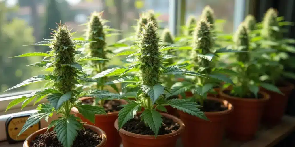Healthy autoflower plants in pots growing indoors near a window with natural light.