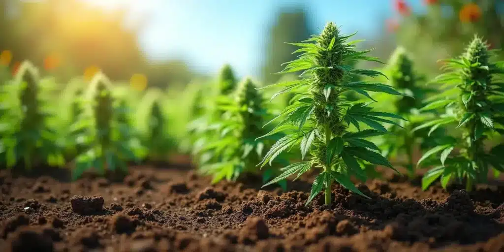 Healthy cannabis plants growing outdoors in amended soil under sunlight.