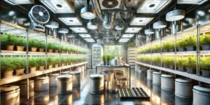 Large indoor grow room with rows of cannabis plants on shelves, and central tables, under bright lights and fans, after powdery mildew.