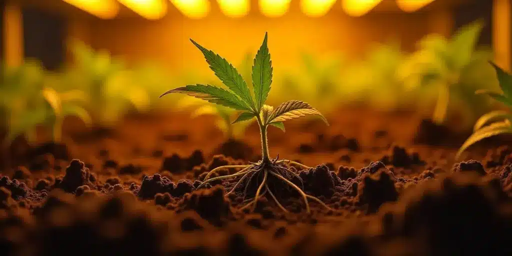 A cannabis seedling with exposed roots in nutrient-rich soil under grow lights. Discover tips to help plants recover from root damage.